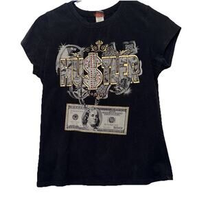 Vintage Y2K Kainos Hustler Hip Hop Gangster Bedazzled Money Black Tee Shirt LG